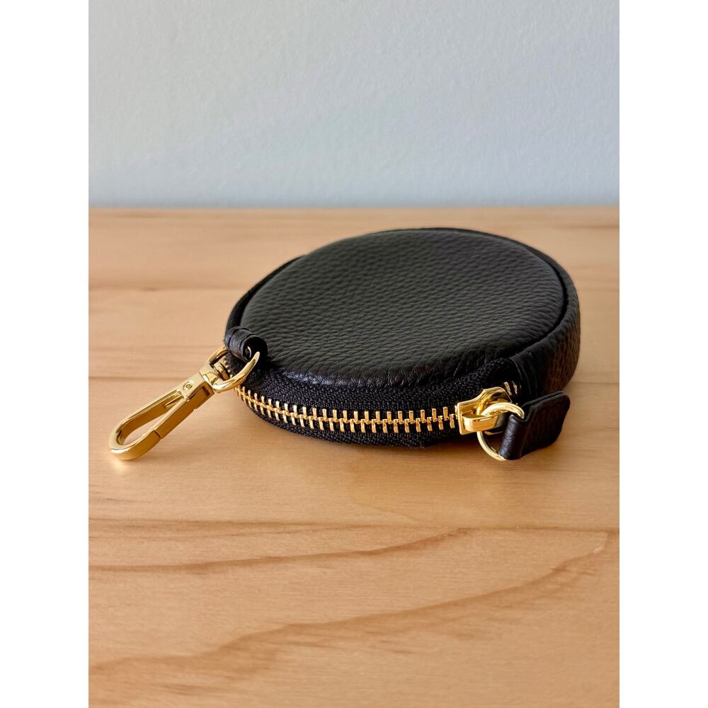 NEW Bandolier Mini Round Pouch Black Leather Gold Tone Hardware Bag Charm Flair - Picture 7 of 8